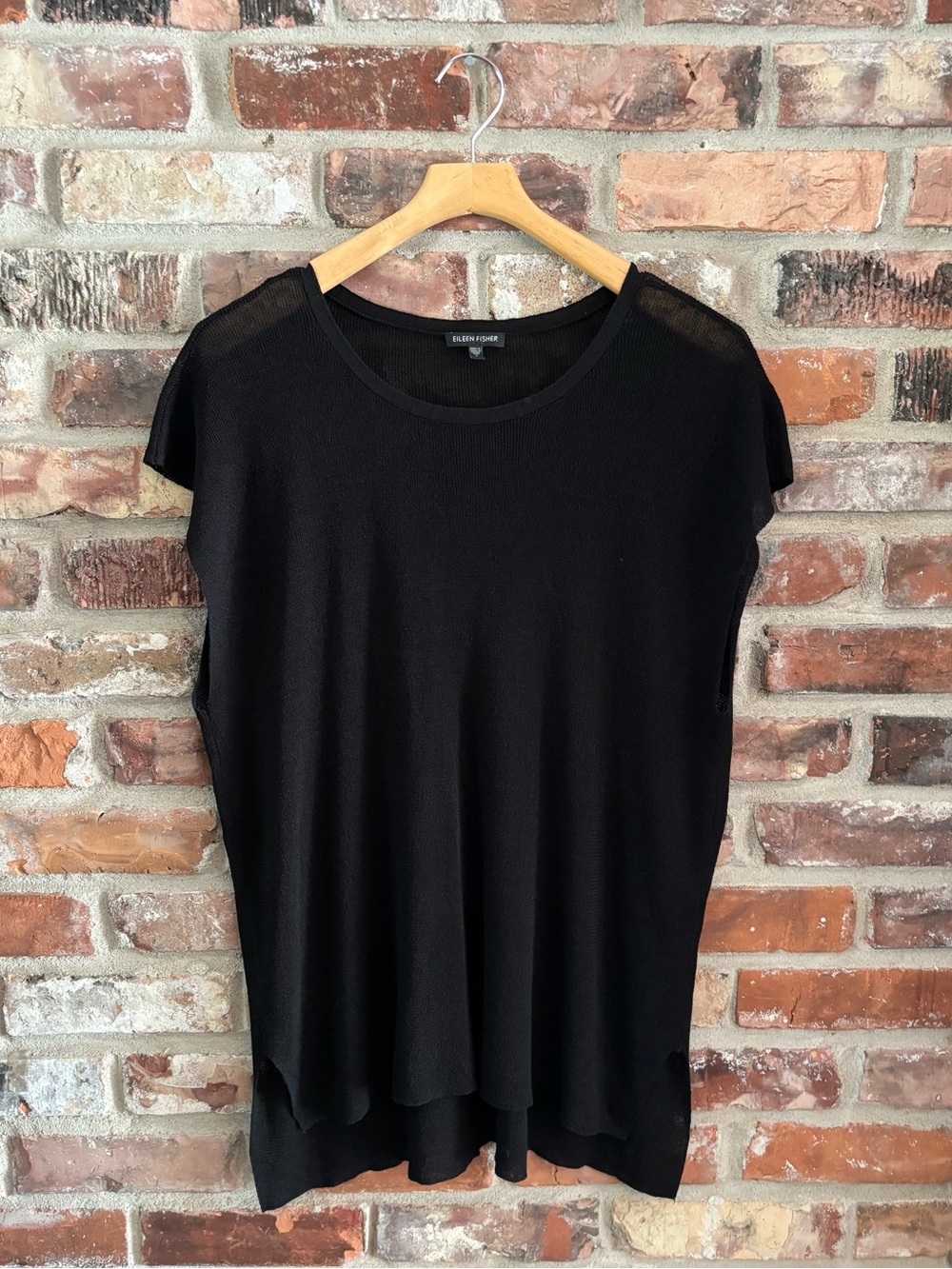 Eileen Fisher Black Linen Blend Short Sleeve Sweater Tunic Top, S